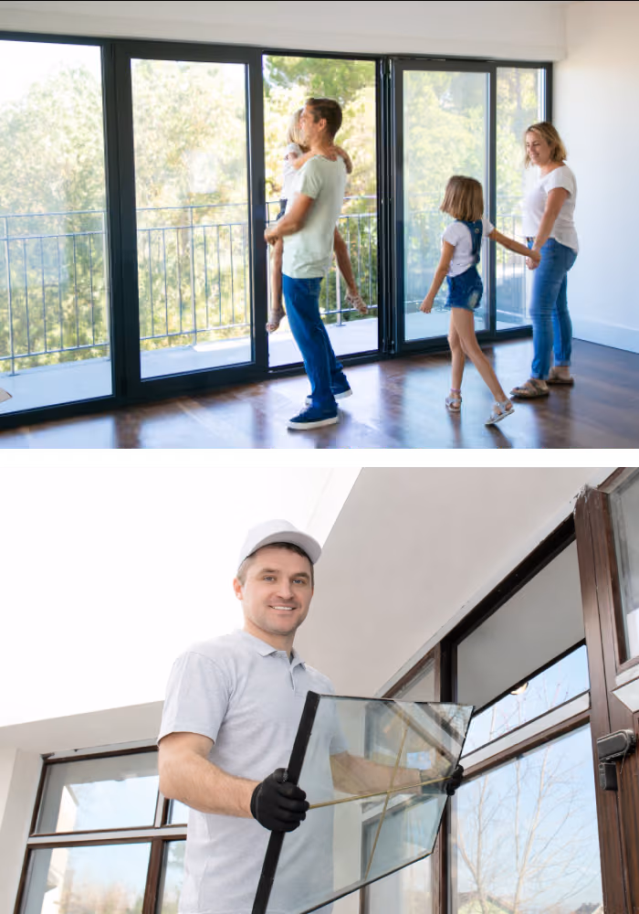 Professional glazier team installing glass panel